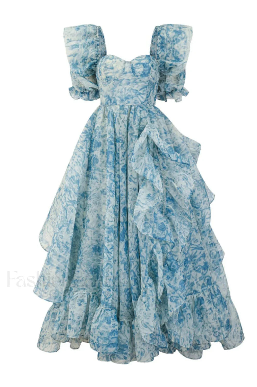 Puff Sleeve Floral Charming Organza Layered Split Dress S / Blue