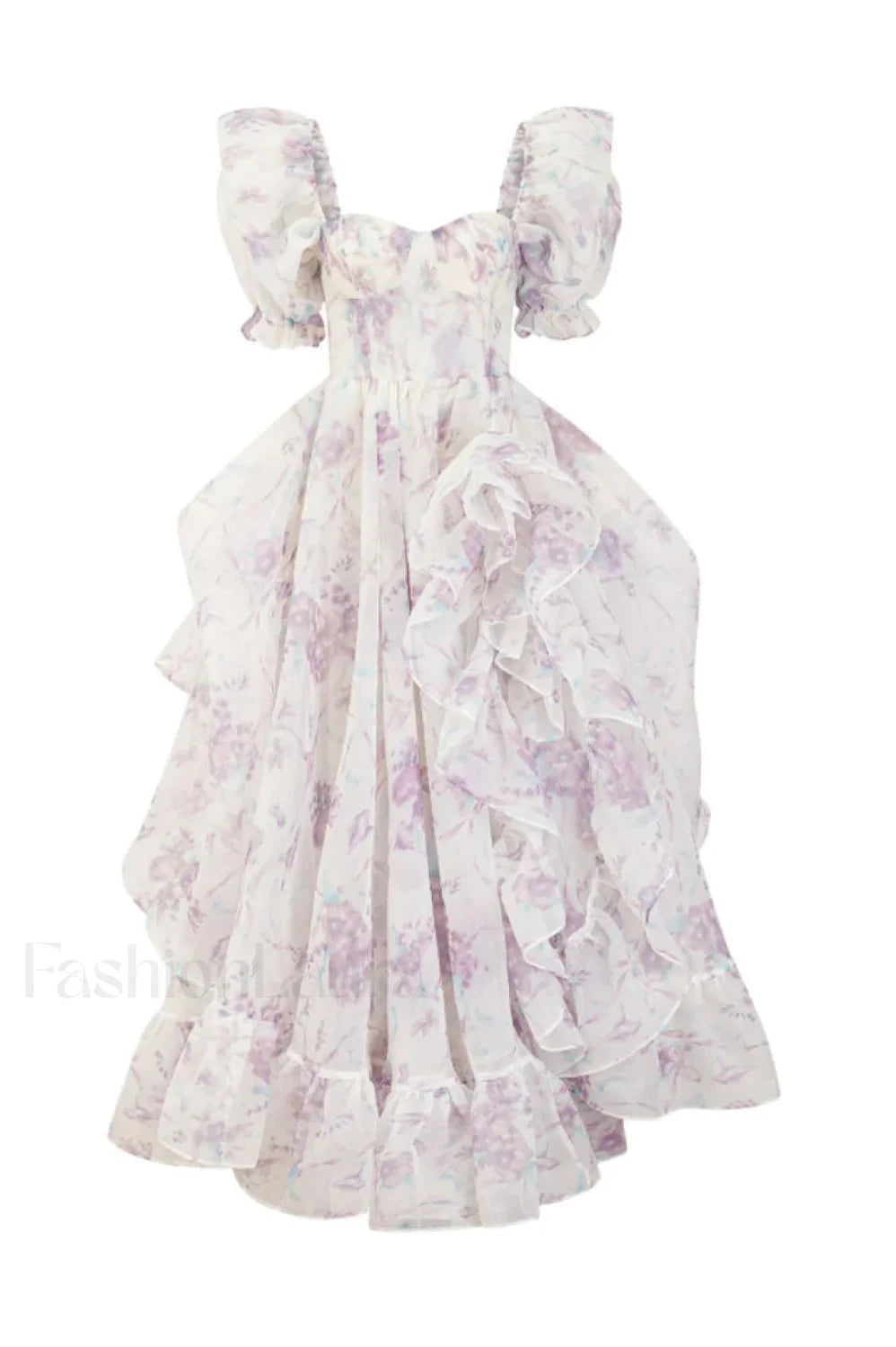 Puff Sleeve Floral Charming Organza Layered Split Dress