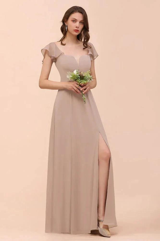 Puff Sleeve Khaki Bridesmaid Dress Side Spolit Maid of honor dress (ZD12990)