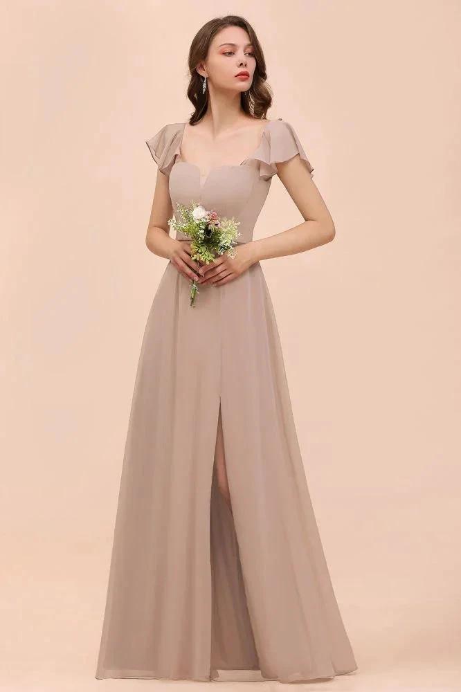 Puff Sleeve Khaki Bridesmaid Dress Side Spolit Maid of honor dress (ZD12990)