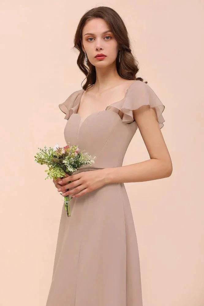 Puff Sleeve Khaki Bridesmaid Dress Side Spolit Maid of honor dress (ZD12990)