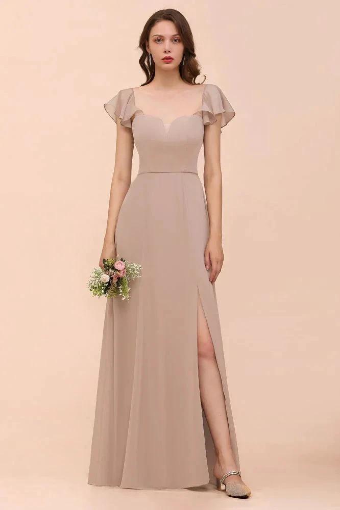 Puff Sleeve Khaki Bridesmaid Dress Side Spolit Maid of honor dress by misshow.com