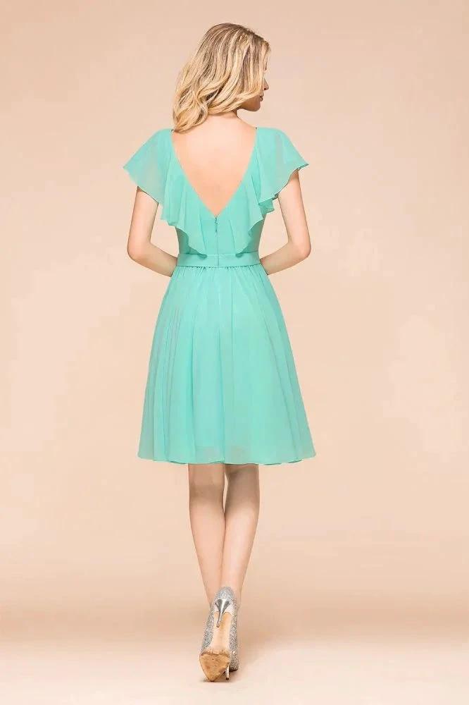 Puffy Knee Length Bridesmaid Dress Chiffon V-Neck Casual Short Dress (ZD12970)