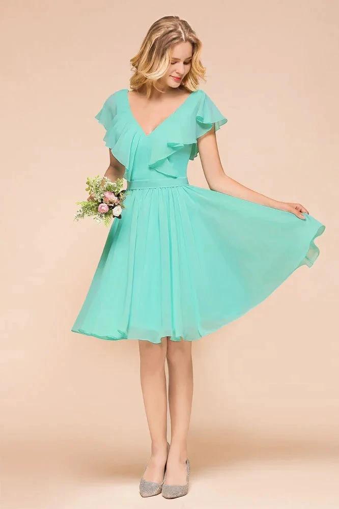 Puffy Knee Length Bridesmaid Dress Chiffon V-Neck Casual Short Dress (ZD12970)