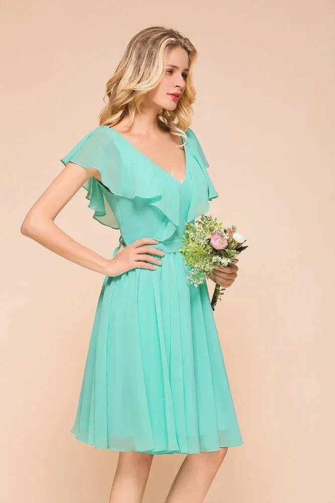 Puffy Knee Length Bridesmaid Dress Chiffon V-Neck Casual Short Dress (ZD12970)
