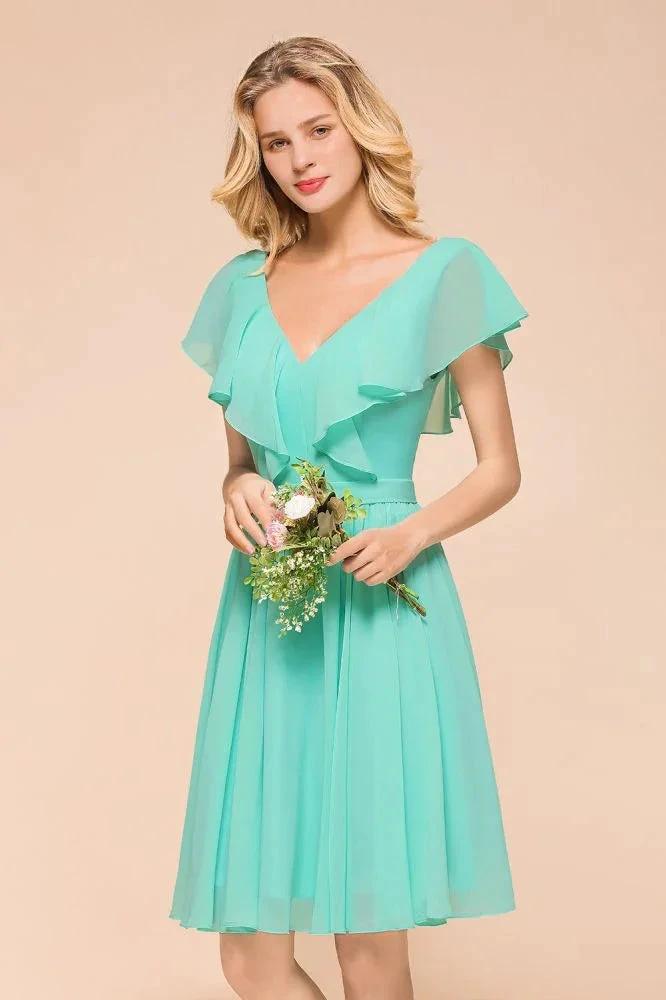 Puffy Knee Length Bridesmaid Dress Chiffon V-Neck Casual Short Dress (ZD12970)