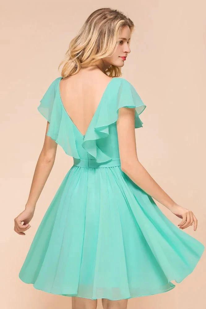 Puffy Knee Length Bridesmaid Dress Chiffon V-Neck Casual Short Dress (ZD12970)