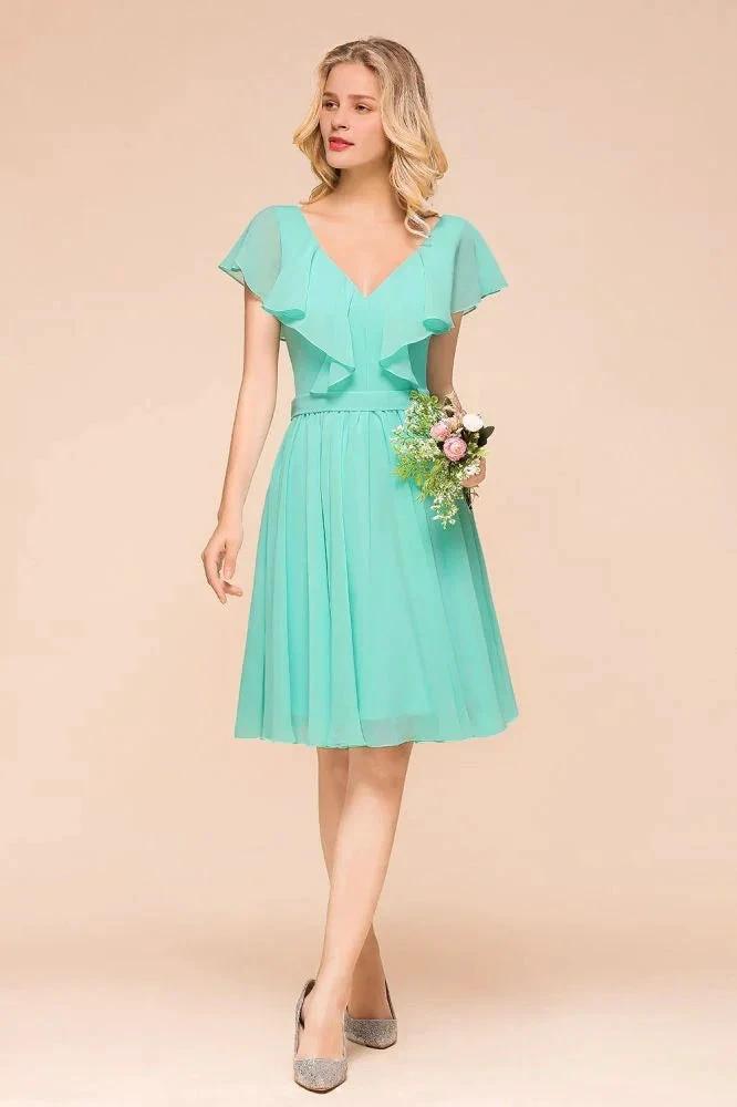 Puffy Knee Length Bridesmaid Dress Chiffon V-Neck Casual Short Dress by misshow.com