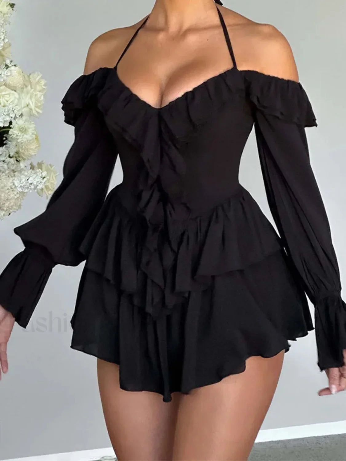 Pure Color Flare Sleeve Mini Dress
