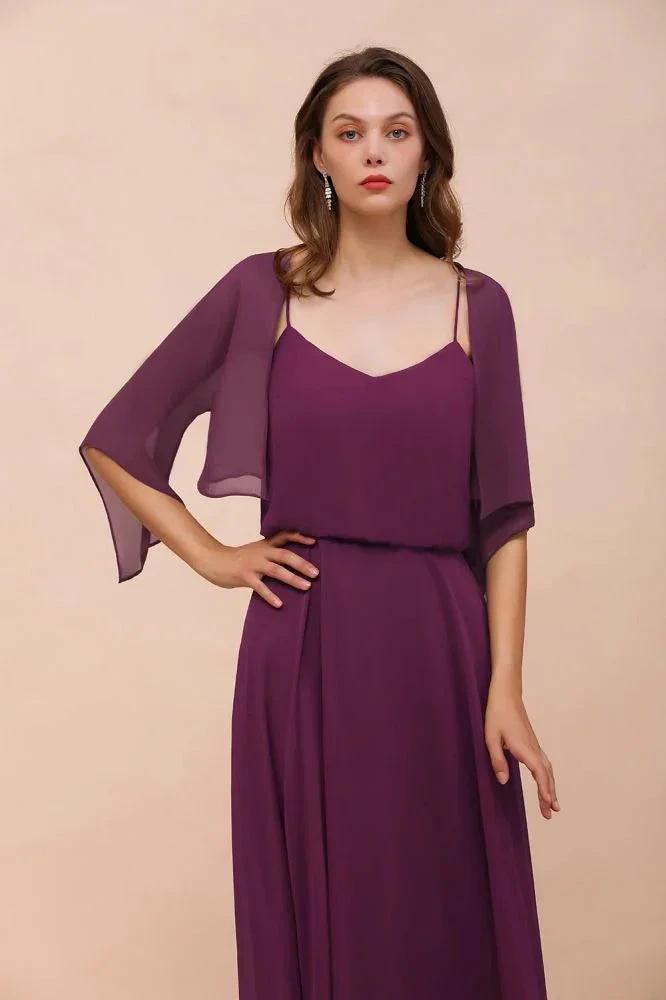 Purple Bridesmaid Dress with Wraps Spaghetti Straps Floor Length Casual Dress (ZD12996)