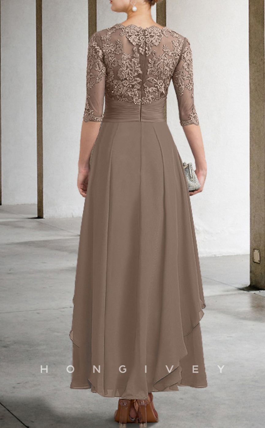 HM208 - A-Line Scoop 3/4 Sleeves Lace Applique Mother of the Bride Dress