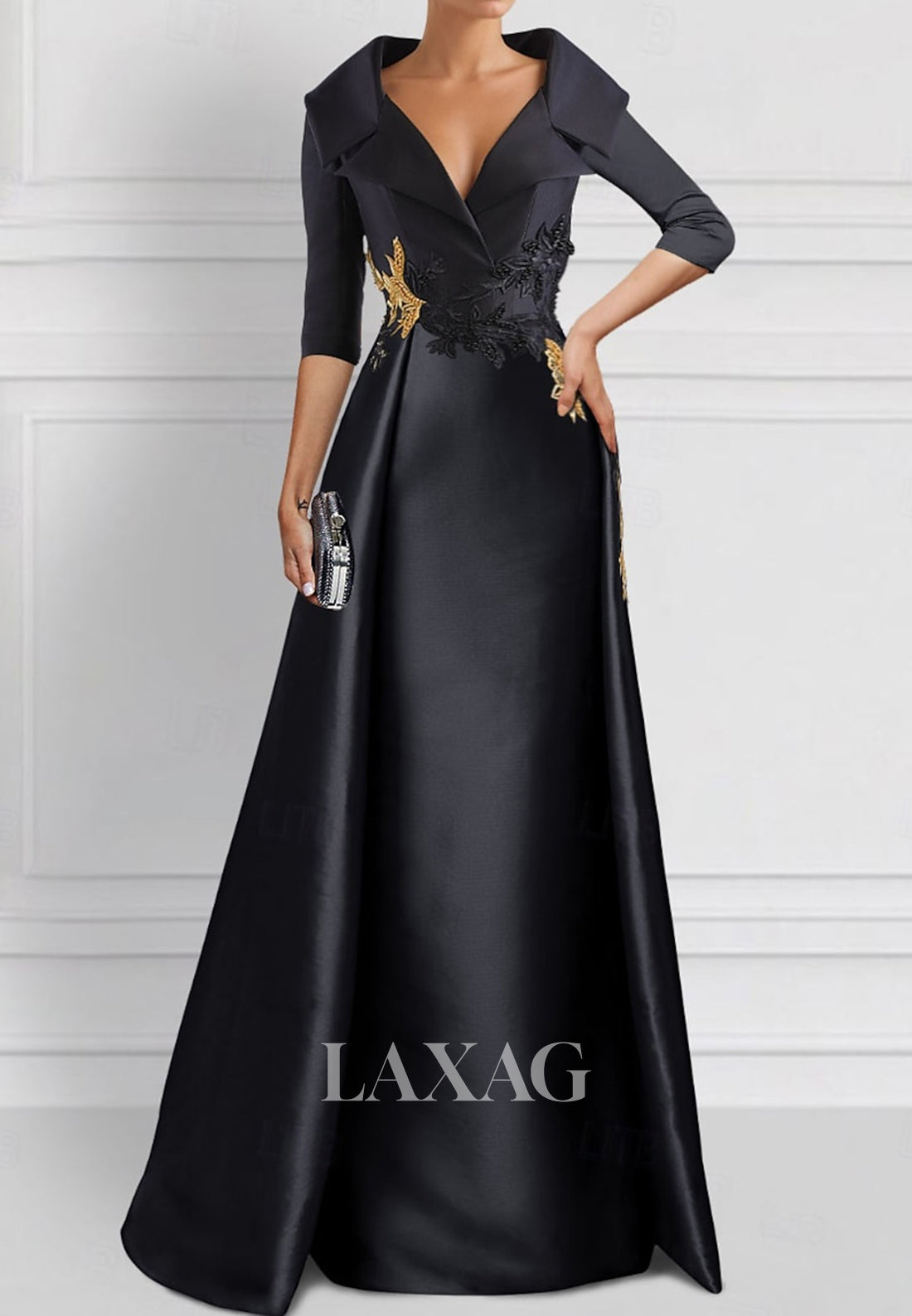 V-Neck Half-Sleeves Embroidered Party Gowns Plated Foor-Length Satin Mermaid Wedding Guest Dress