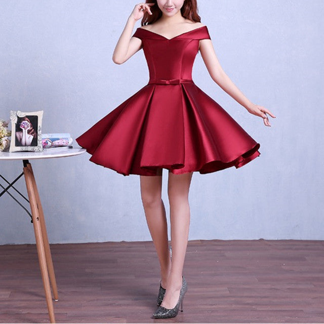 Burgundy homecoming dress,off the shoulder short cocktail dress,satin gowns