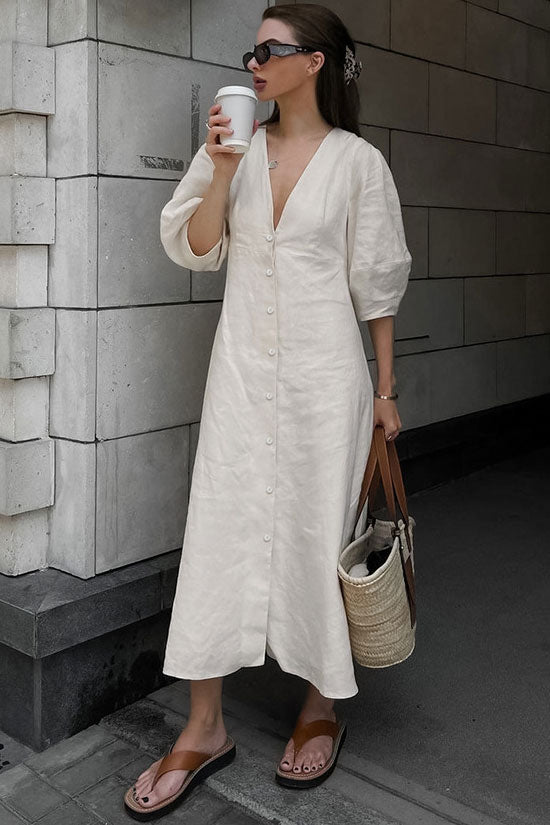 Rosedress Off White Puff Sleeve Linen Blend Midi Dress - Fashionpara