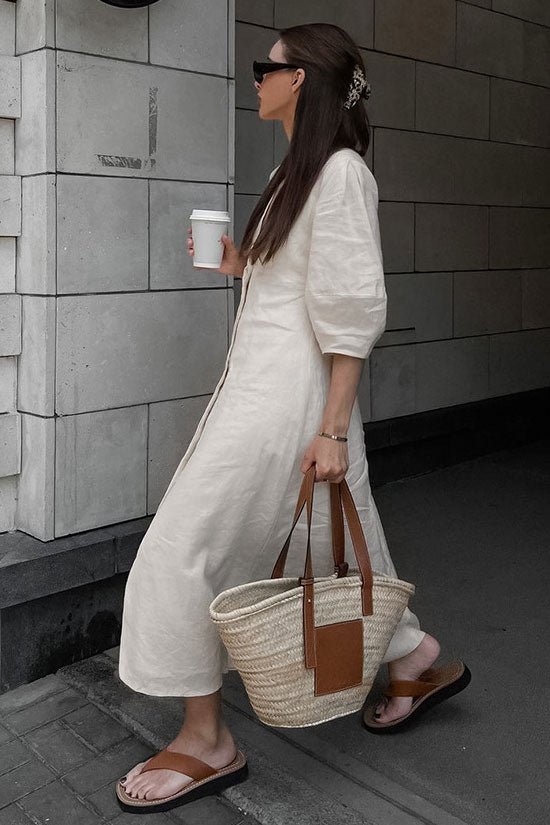 Rosedress Off White Puff Sleeve Linen Blend Midi Dress - Fashionpara