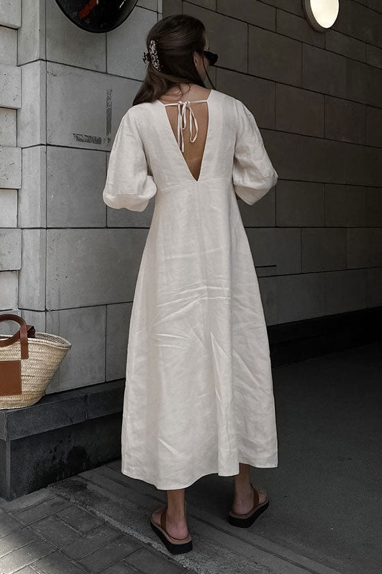 Rosedress Off White Puff Sleeve Linen Blend Midi Dress - Fashionpara