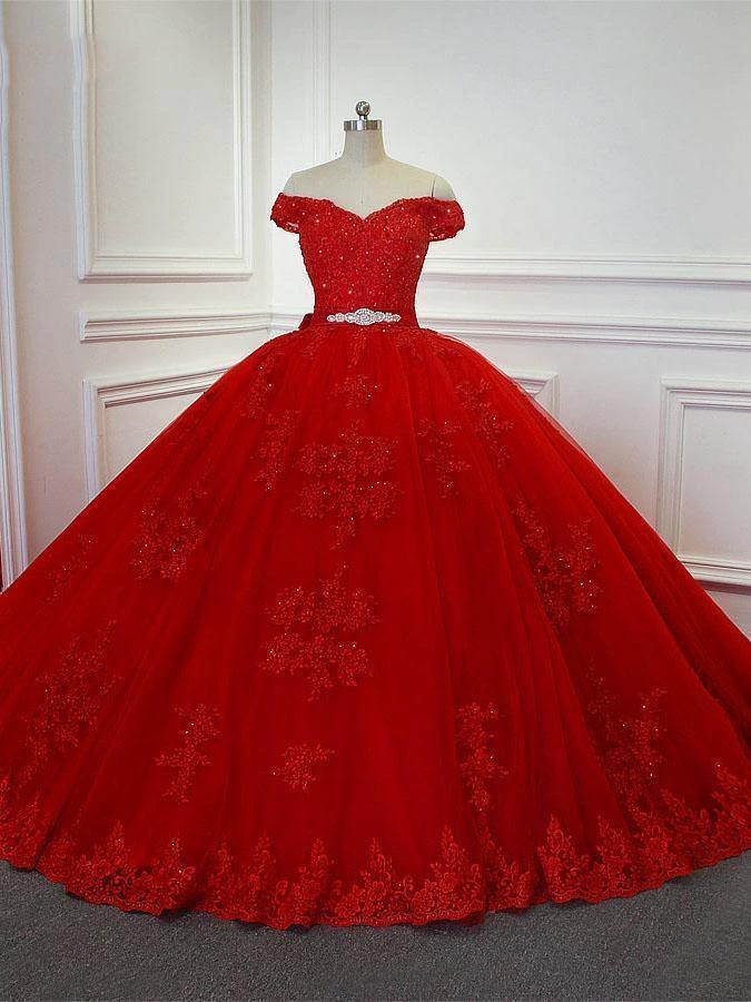Red Long Princess Off the Shoulder Tulle Lace Wedding Dresses (ZD15877)