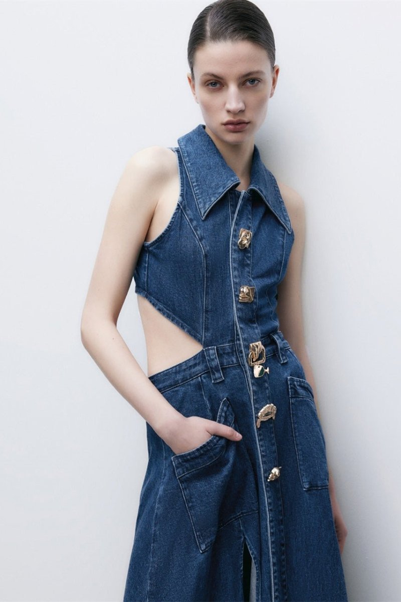 Raquel Premium Maxi Denim Dress with Lapel Collar and Cut Outs Chic Silhouette Collection