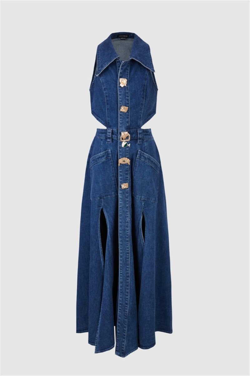 Raquel Premium Maxi Denim Dress with Lapel Collar and Cut Outs Chic Silhouette Collection