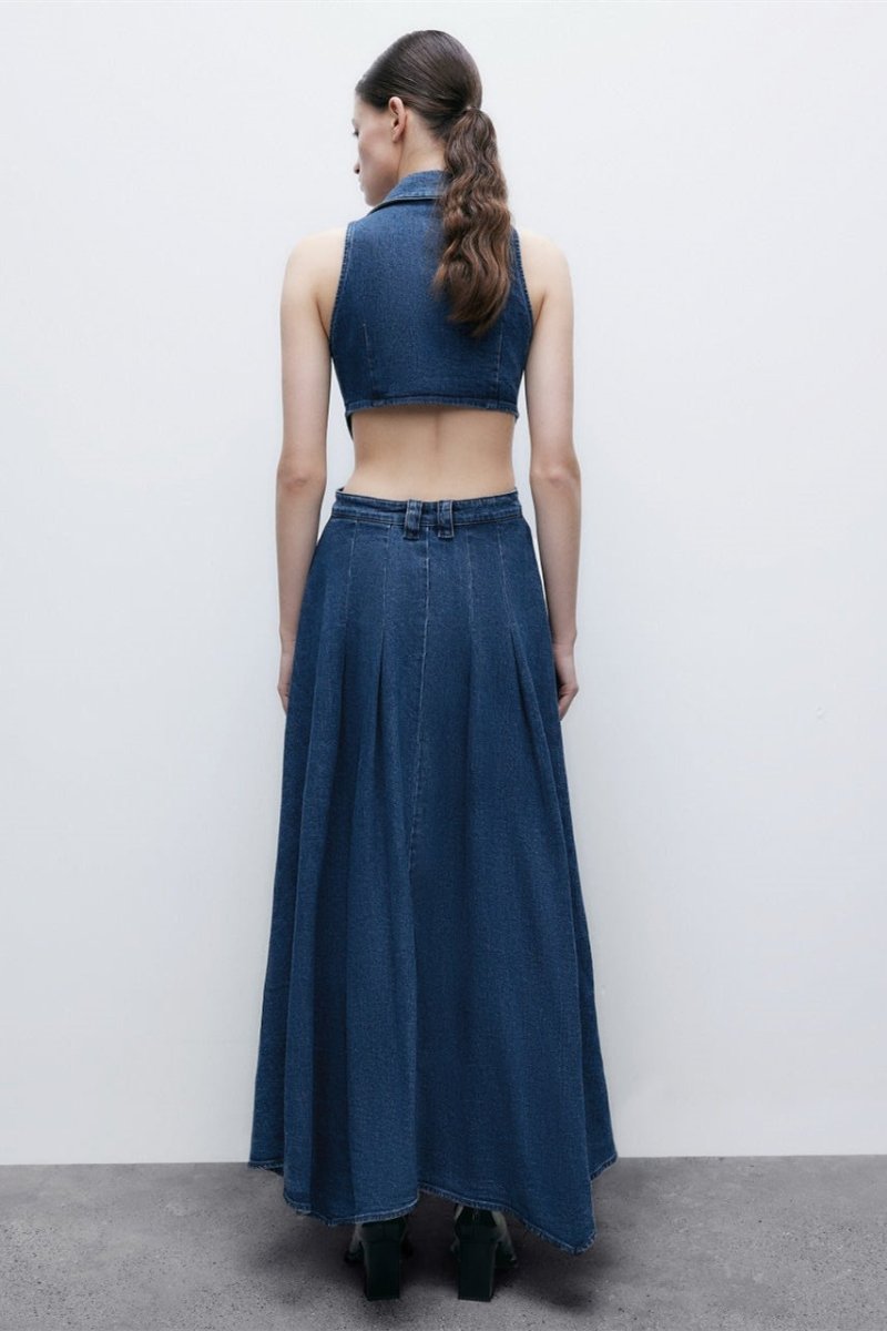 Raquel Premium Maxi Denim Dress with Lapel Collar and Cut Outs Chic Silhouette Collection