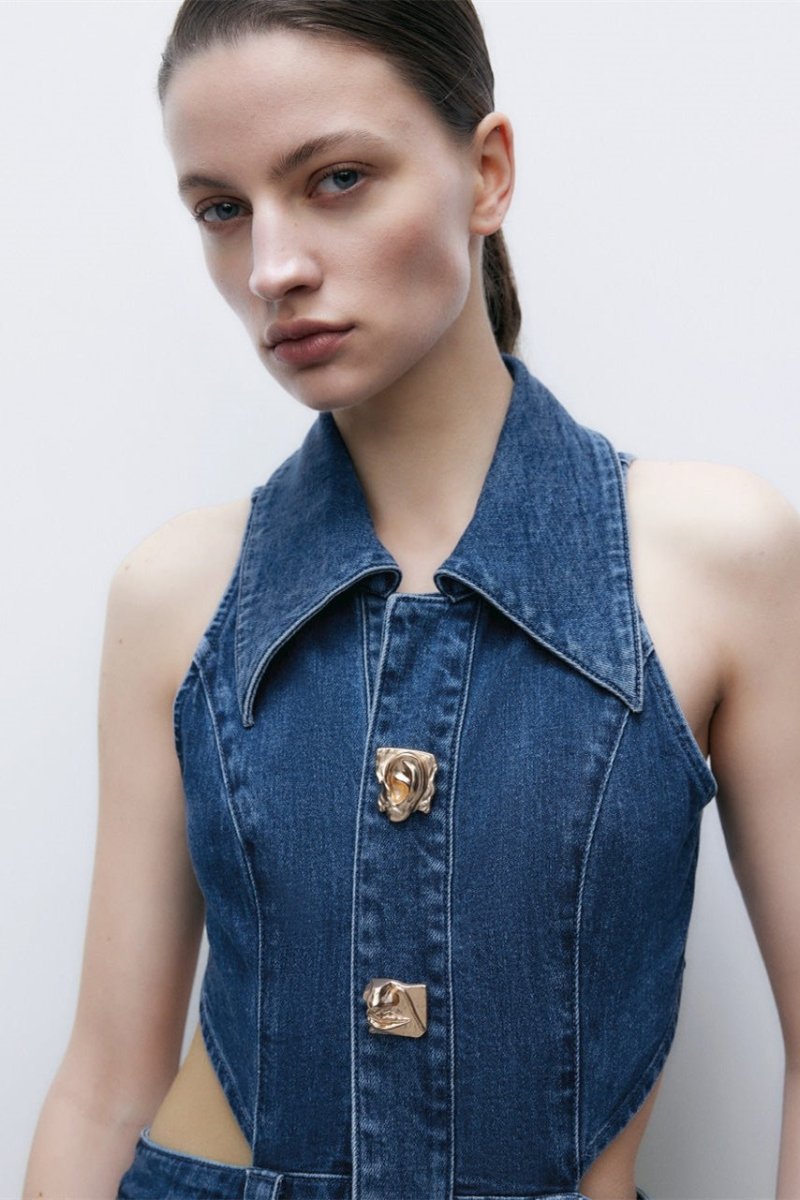 Raquel Premium Maxi Denim Dress with Lapel Collar and Cut Outs Chic Silhouette Collection