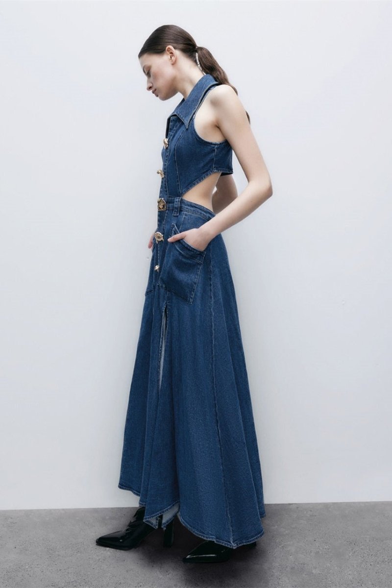 Raquel Premium Maxi Denim Dress with Lapel Collar and Cut Outs Chic Silhouette Collection