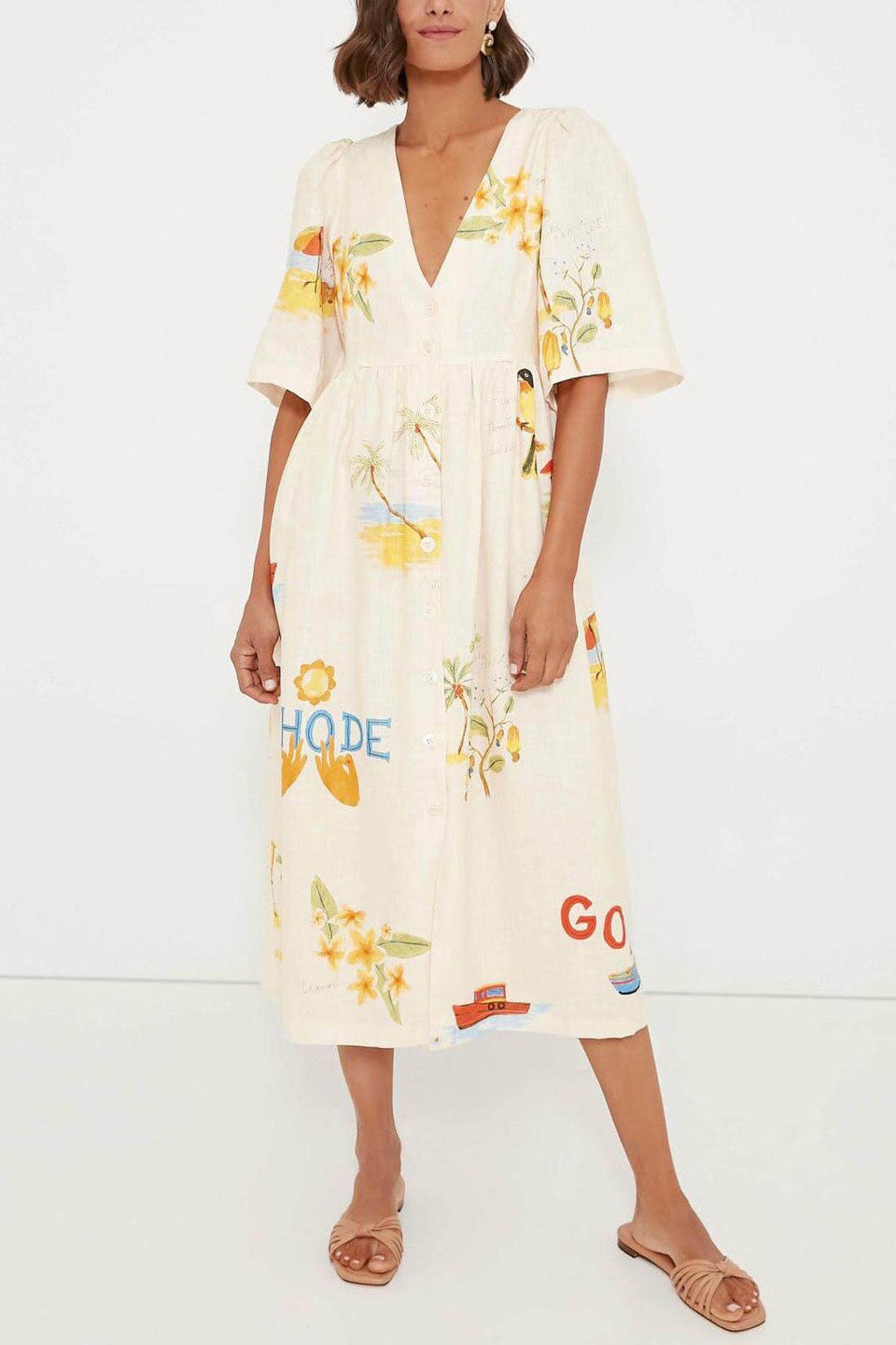 Noelia Premium Printed Linen Midi Dress Elevated Occasion Wear
