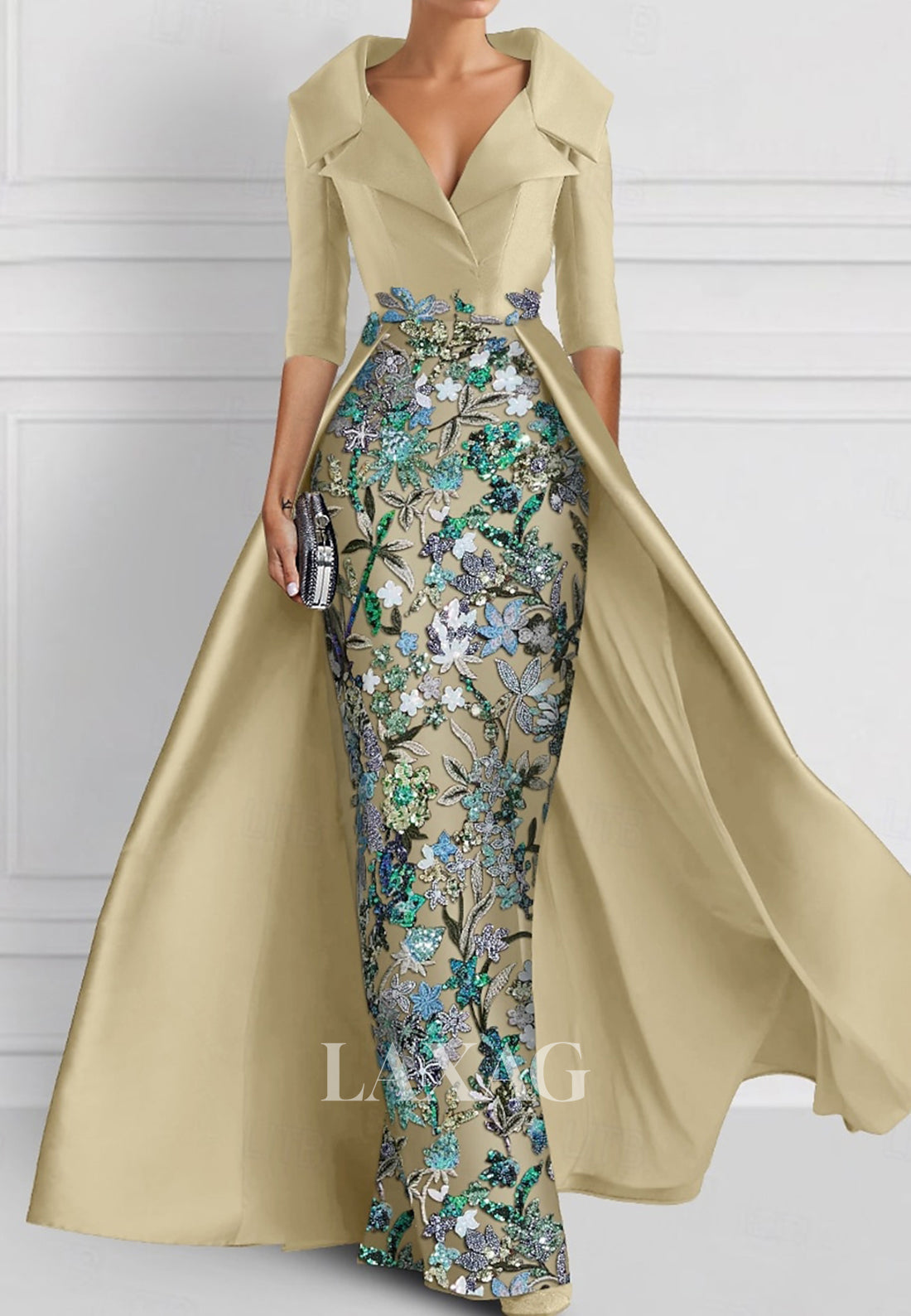 V-Neck Half-Sleeves Pleated Party Gowns Applique Embroidered Mermaid Wedding Guest Dress with Overskirt