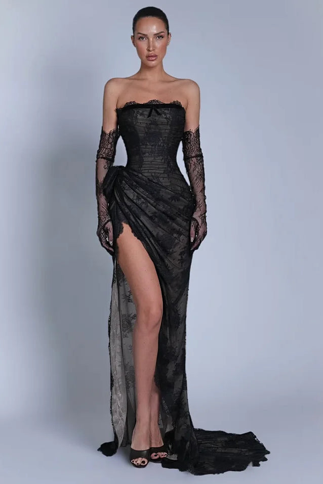 Romantic Black Strapless Mermaid Prom Dress High Split With Lace-Up Back Gloves