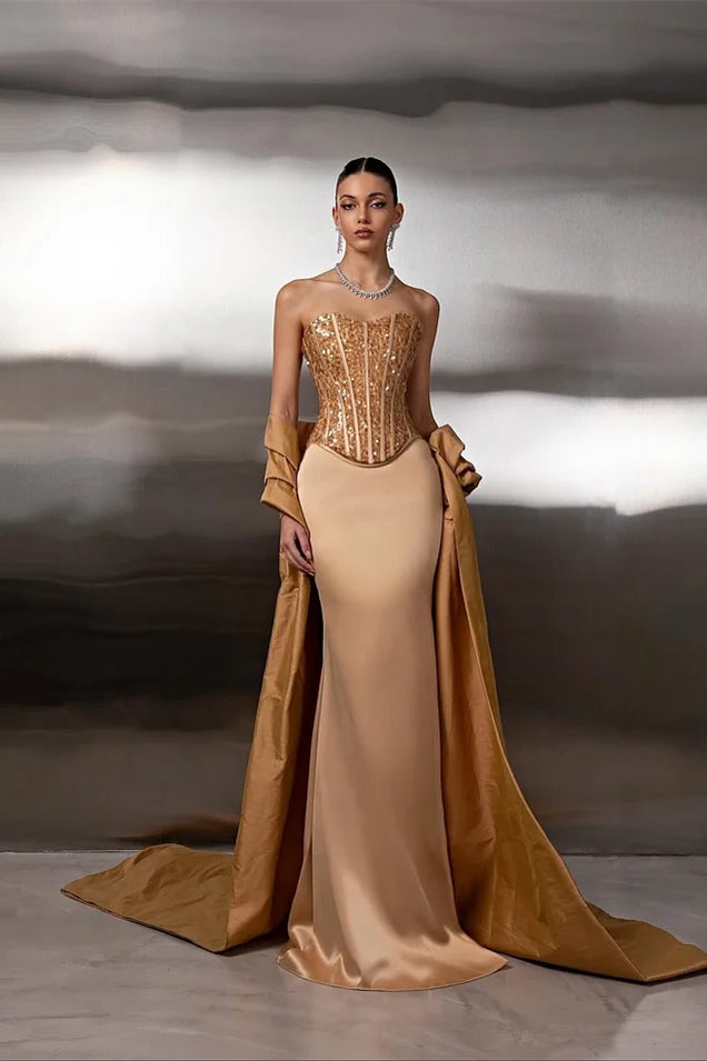 Romantic Gold Sweetheart Strapless Sleeveless Satin Prom Dress Mermaid Beads