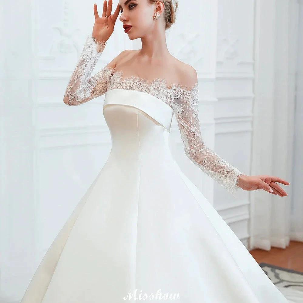 Romantic Lace Princess Satin Wedding Dress| Aline Bridal Gown with Cathedral Train (ZD13984)