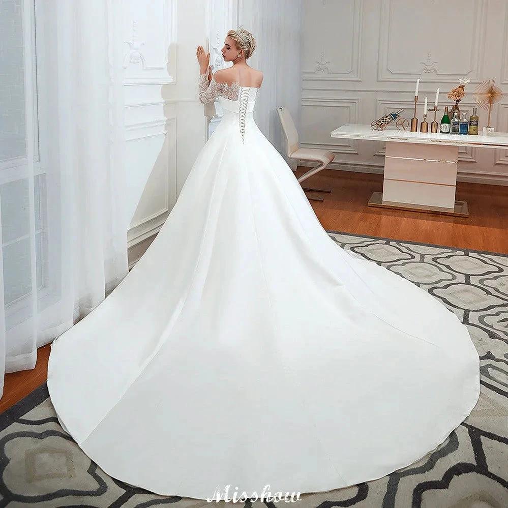 Romantic Lace Princess Satin Wedding Dress| Aline Bridal Gown with Cathedral Train (ZD13984)