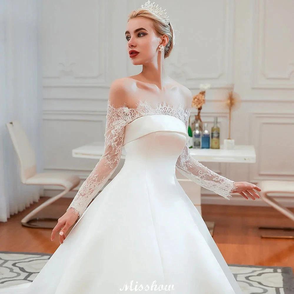 Romantic Lace Princess Satin Wedding Dress| Aline Bridal Gown with Cathedral Train (ZD13984)