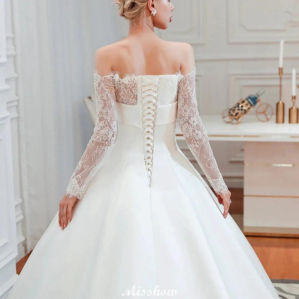 Romantic Lace Princess Satin Wedding Dress| Aline Bridal Gown with Cathedral Train (ZD13984)