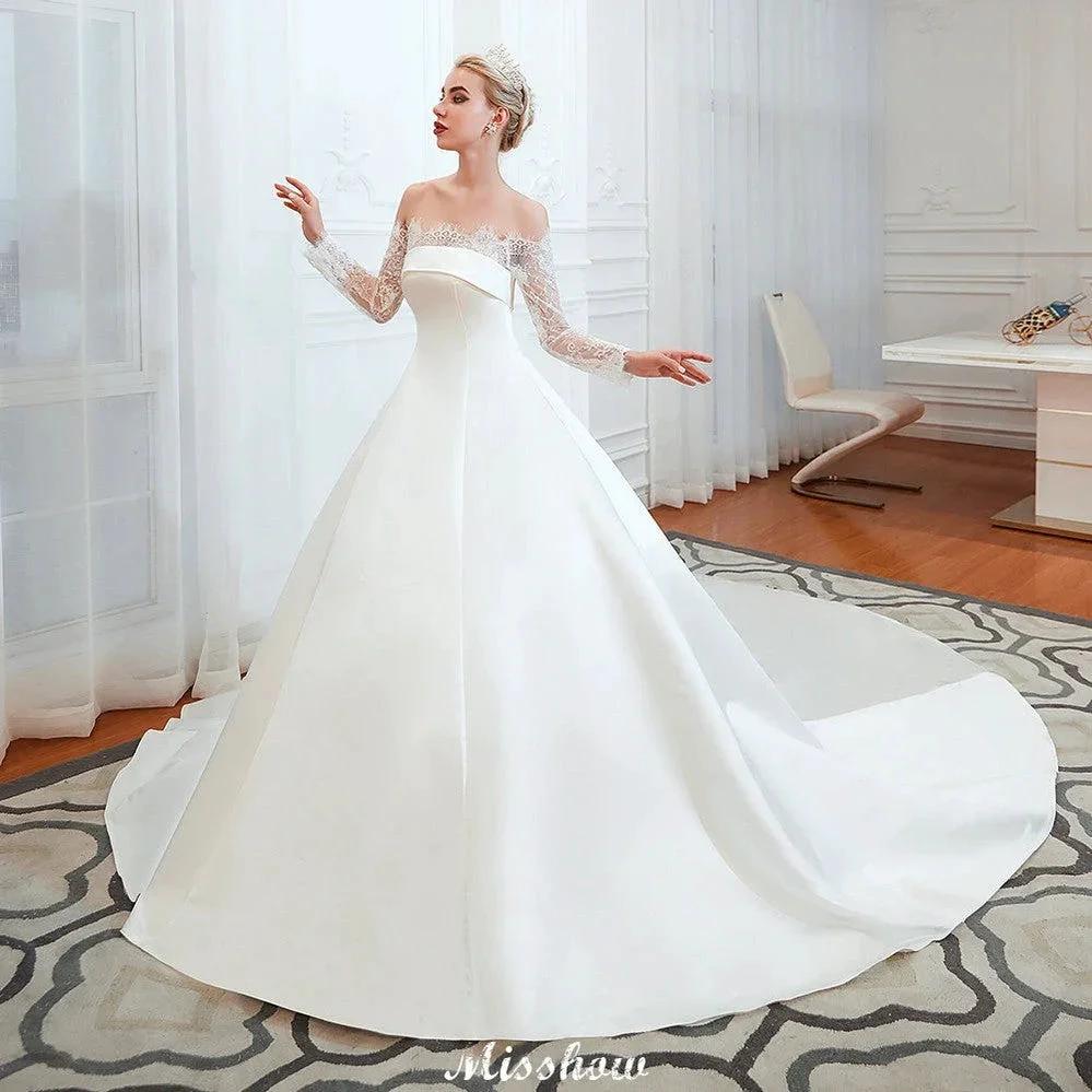 Romantic Lace Princess Satin Wedding Dress| Aline Bridal Gown with Cathedral Train (ZD13984)