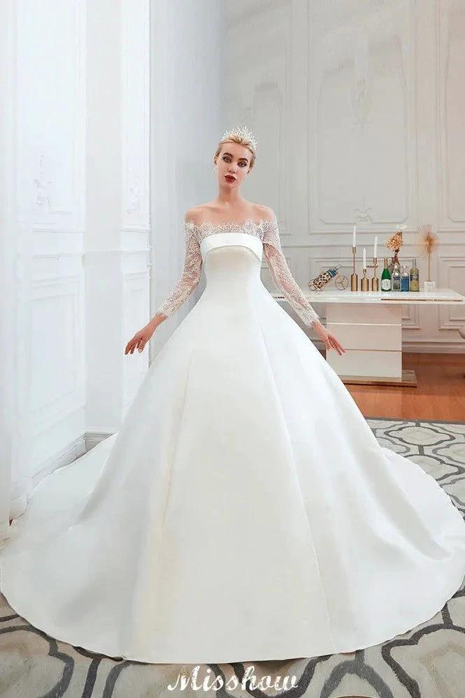 Romantic Lace Princess Satin Wedding Dress| Aline Bridal Gown with Cathedral Train (ZD13984)