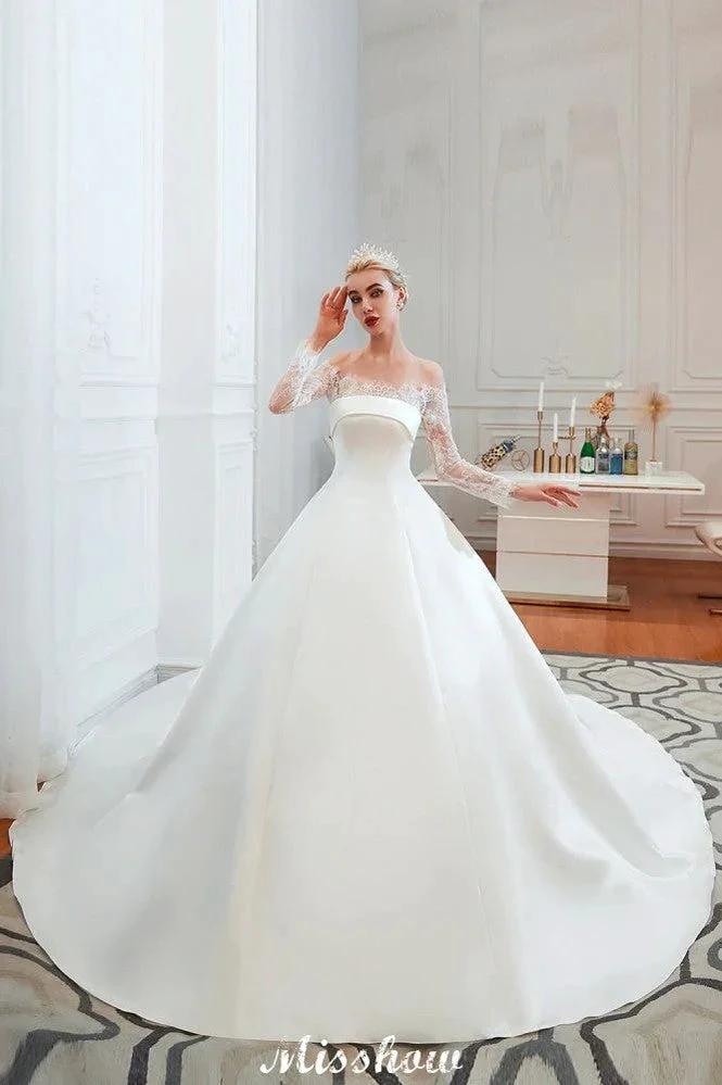 Romantic Lace Princess Satin Wedding Dress| Aline Bridal Gown with Cathedral Train by misshow.com