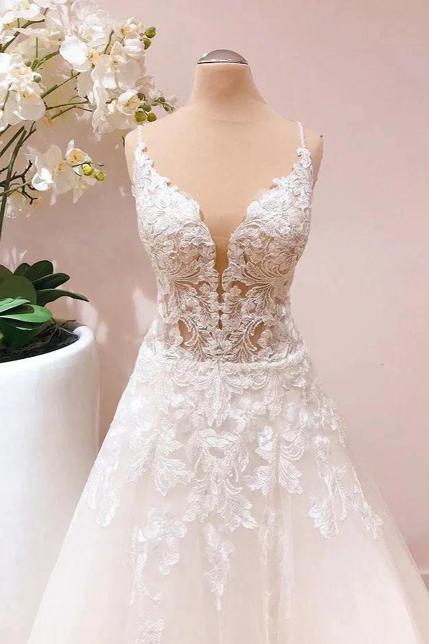 Romantic Long A-line Spaghetti Straps Appliques Lace Tulle Wedding Dress (ZD15231)