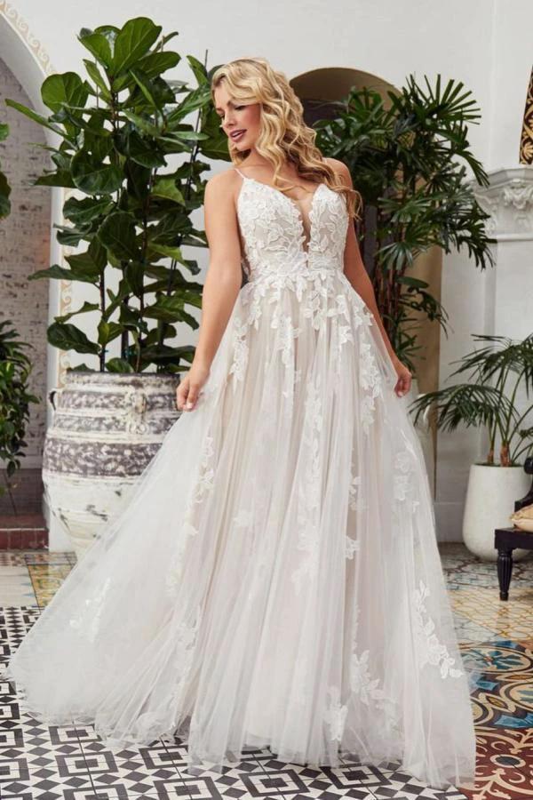 Romantic Long A-line V-neck Lace Tulle Lace Open Back Wedding Dress (ZD15027)