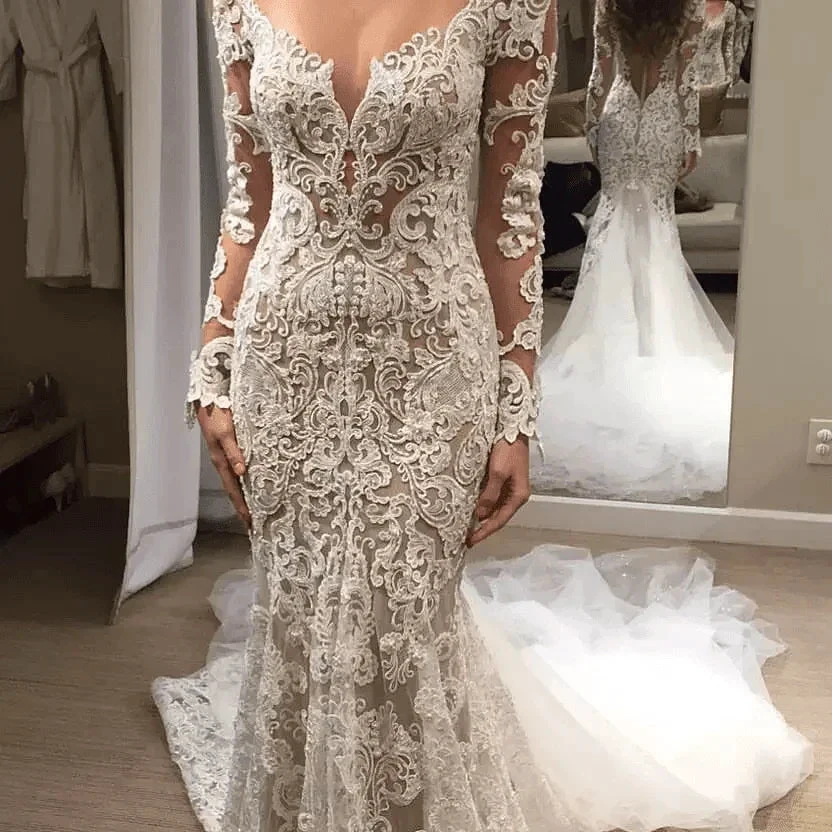 Romantic Long Appliques Backless Lace Mermaid Ivory Wedding Dresses (ZD16313)