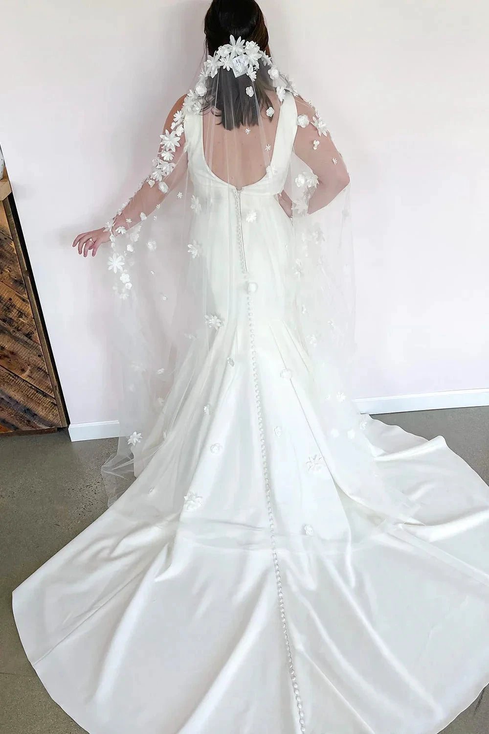 Romantic Long Mermaid V-neck Wide Straps Open Back Wedding Dress (ZD14296)