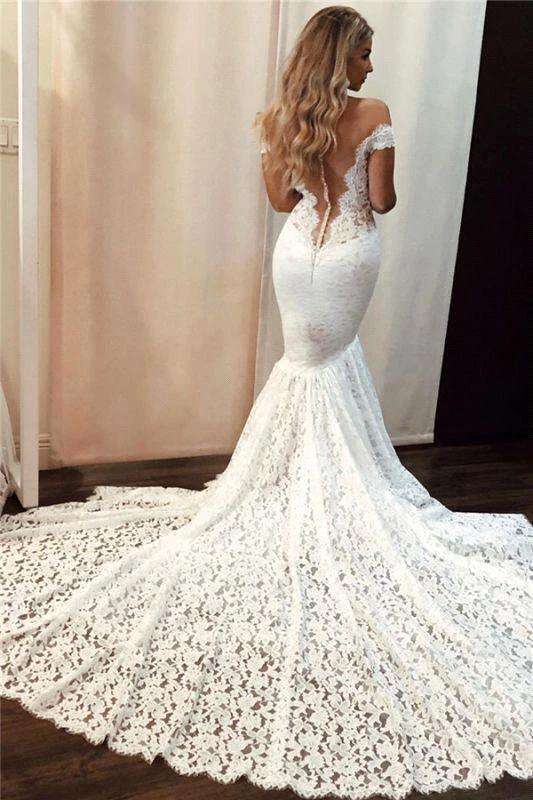 Romantic Long Off the Shoulder Appliques Lace Mermaid Wedding Dress (ZD14323)