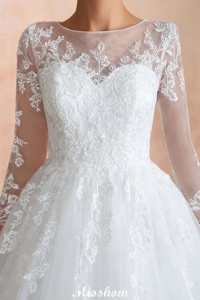 Romantic Long Sleeve Lace Ball Gown Tulle Fully Covered Buttons Aline Wedding Dress with Court Train (ZD13972) - View 7 | VelvetHem