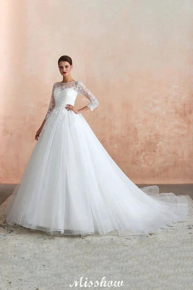 Romantic Long Sleeve Lace Ball Gown Tulle Fully Covered Buttons Aline Wedding Dress with Court Train (ZD13972)