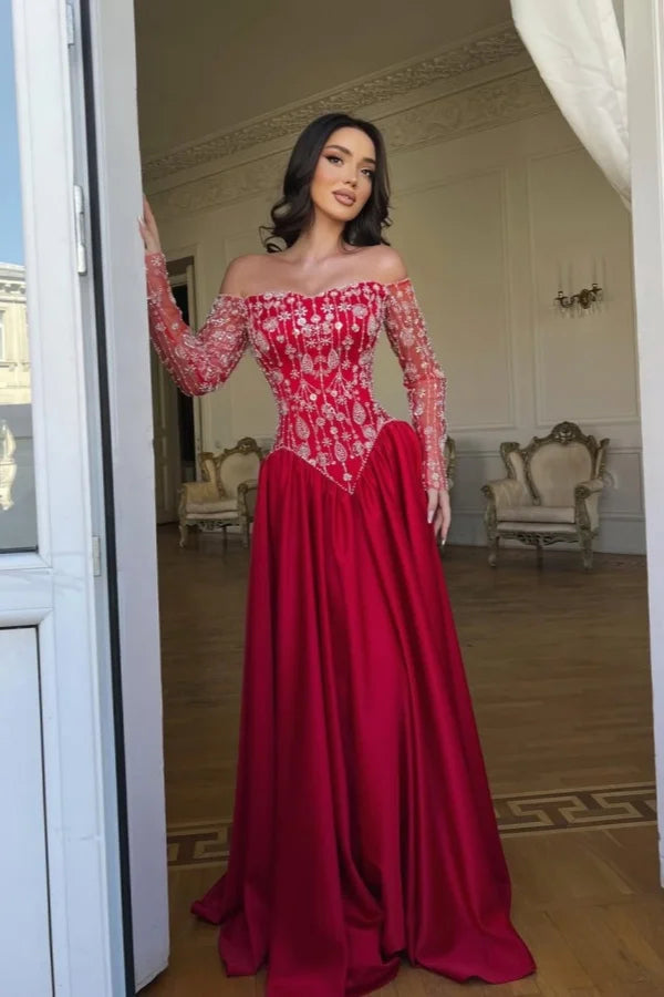 Romantic Red Off-The-Shoulder Long Sleeves Satin Prom Dresses A-Line Beads With Pleats