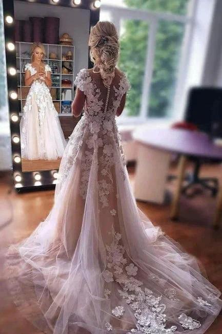 Romantic Sleeveless Aline Wedding Dress 3D Floral Lace Tulle Bridal Dress (ZD16586)