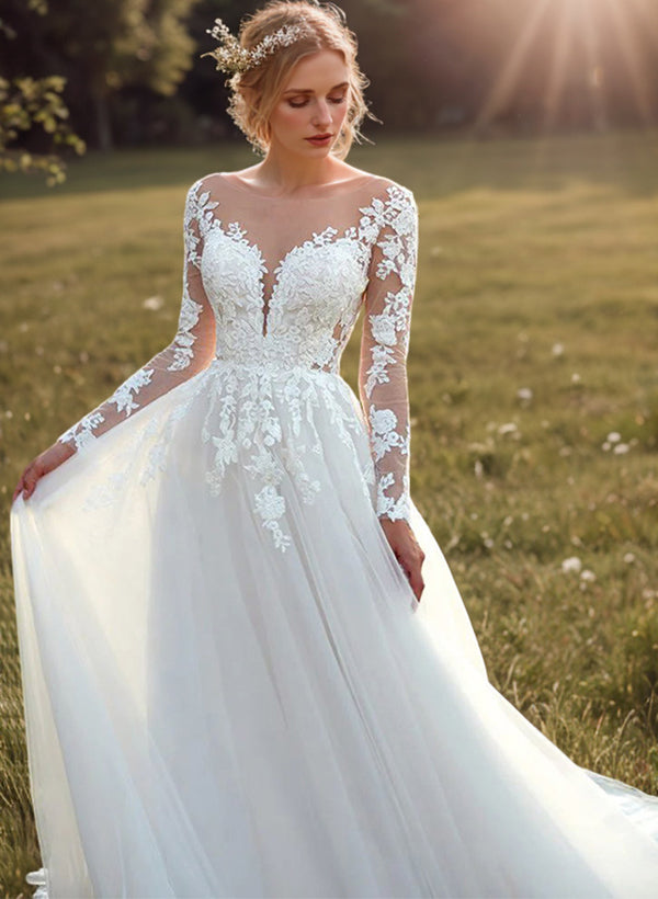 Romantic Tulle Long Sleeves Ball-Gown Lace Wedding Dresses