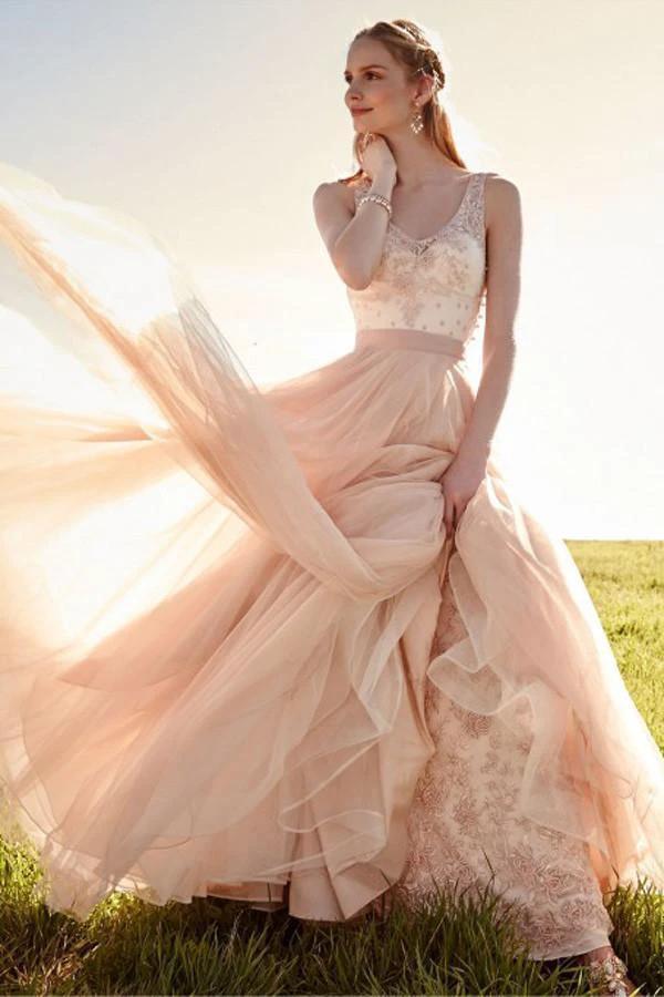 Romantic V Neck Blush Pink Lace Wedding Dresses Detachable Skirt Bridal Dresses (ZD15437)