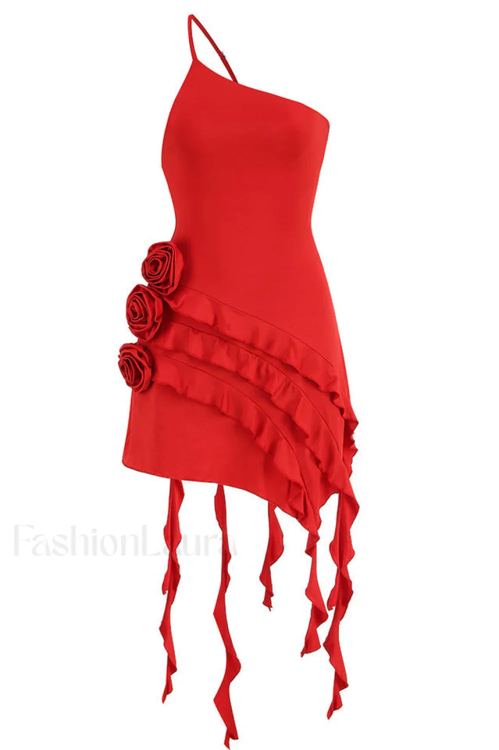 Rose Detail Ruffled Stylish Mini Dress XS / Red