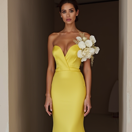 Ultra-Glam Yellow Evening Dress & Prom Dress with Metallic Details